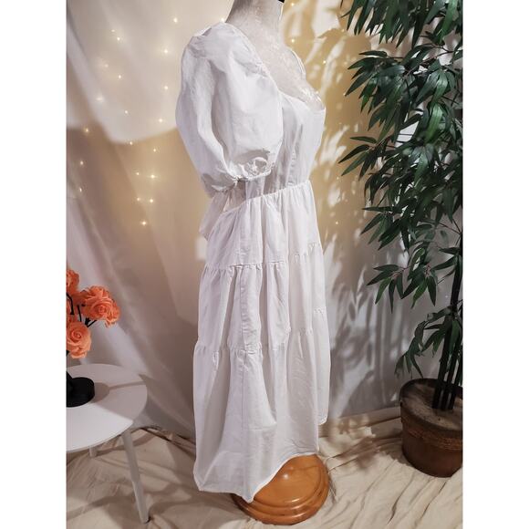 Bardot Tiered Puff Sleeve Open Bow Tie Back Midi Dress Size 6 Small White Cotton - Picture 4 of 11